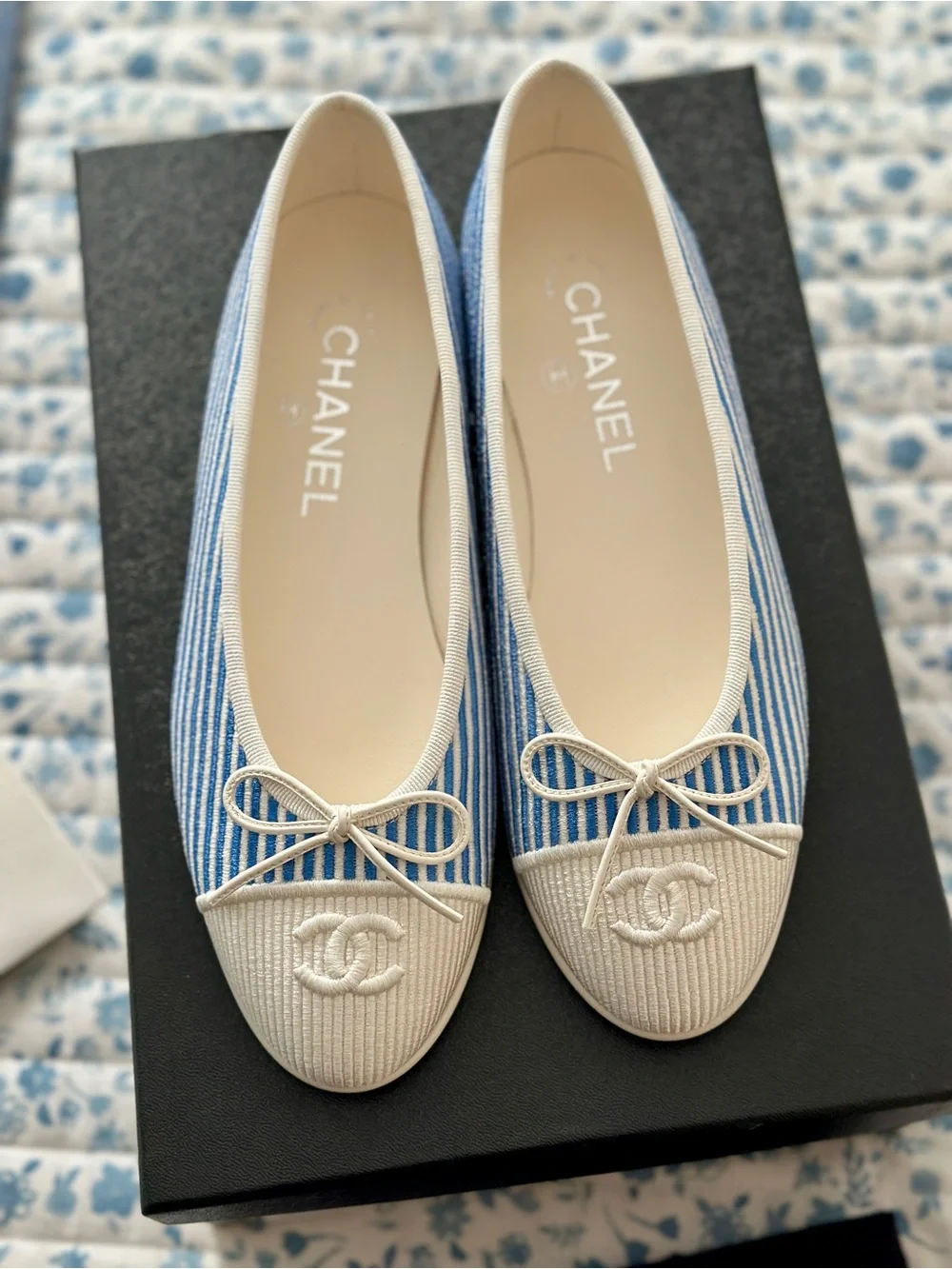 CHANEL Blue Striped and Cream Cap-Toe Ballet Flats